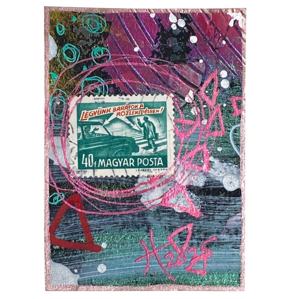 ACEO Original Art Acrylic Collage Mixed Media 1973 Hungary Postage Stamp ATC